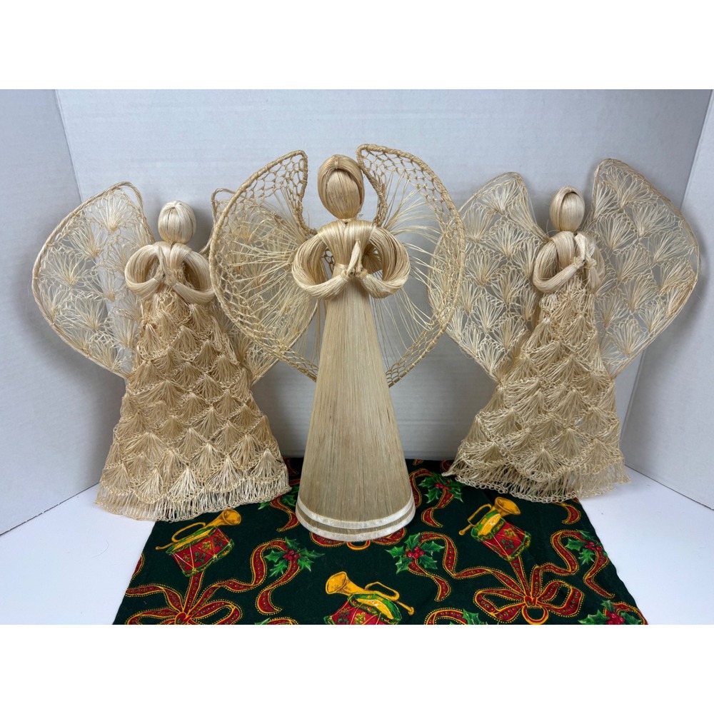 Vintage Woven Straw Christmas Angel Trio Set Tree Topper Ornaments Folk Art
